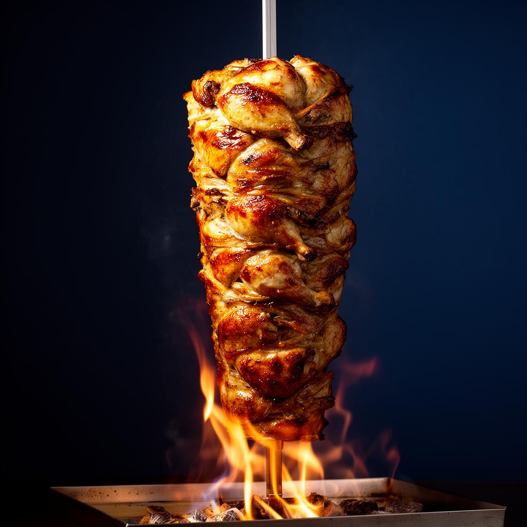 Vertical shawarma spit roasting over flames